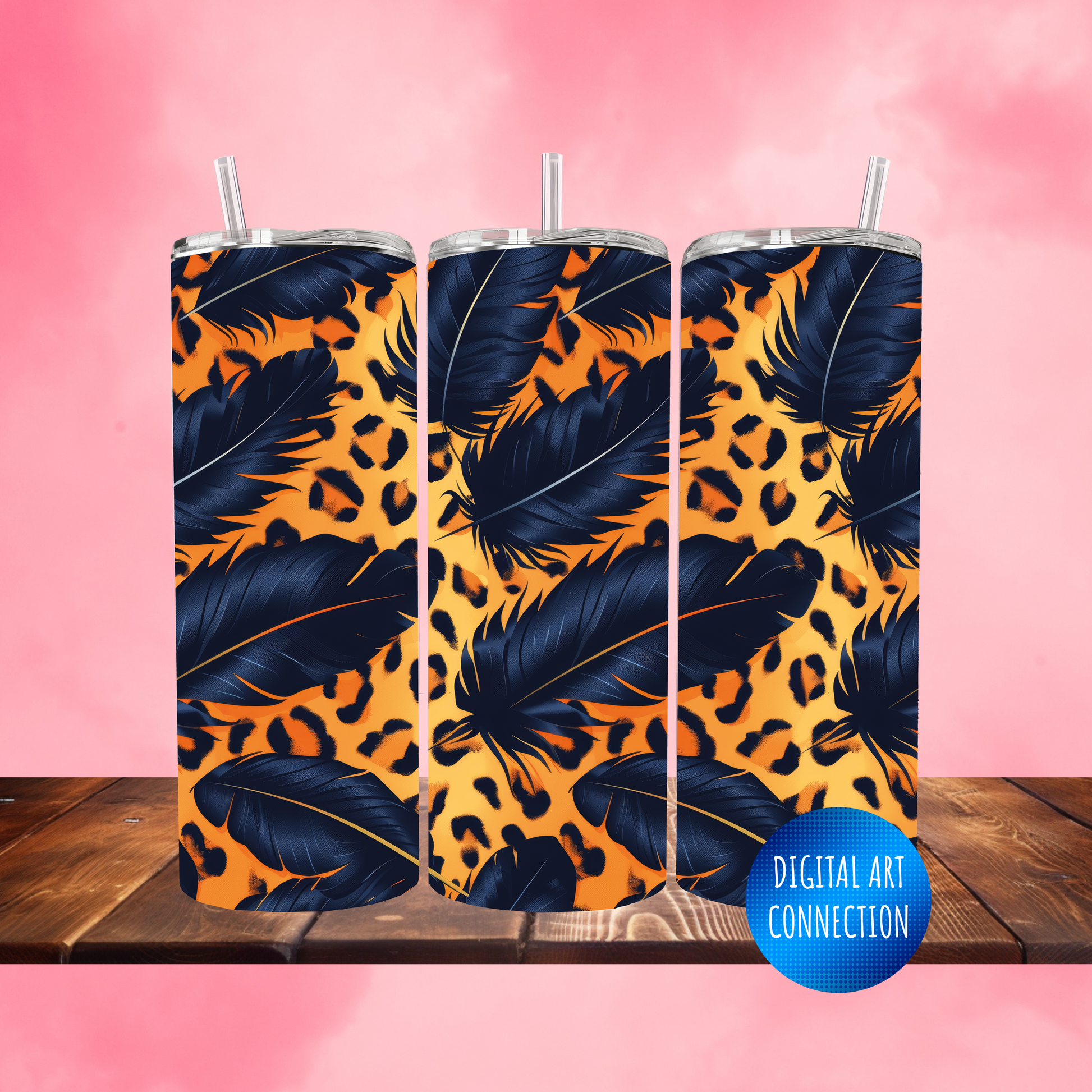 Blue Feathers and Leopard Print 20 Oz Skinny Tumbler Wrap