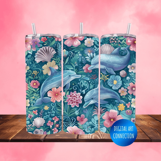 Dolphins and Flowers 20 Oz Skinny Tumbler Wrap