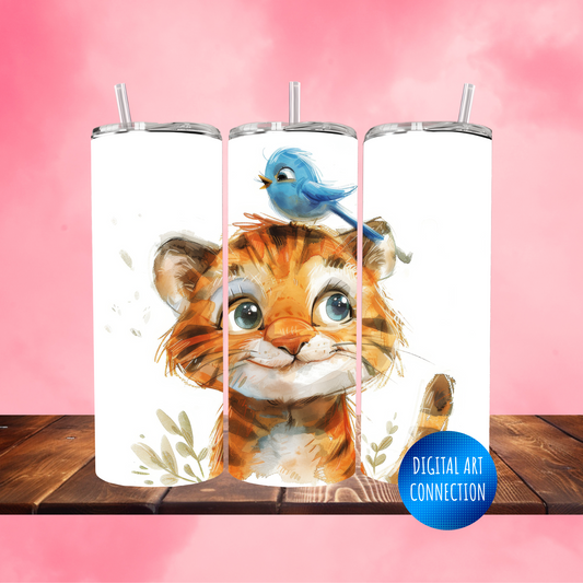 Baby Tiger and Blue Bird Friendship 20 Oz Skinny Tumbler Wrap