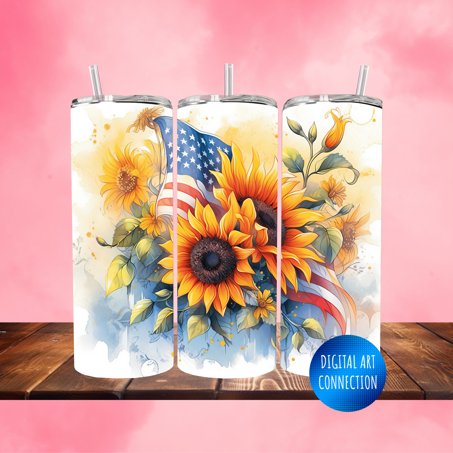 American Flag and Sunflowers 20 Oz Skinny Tumbler Wrap