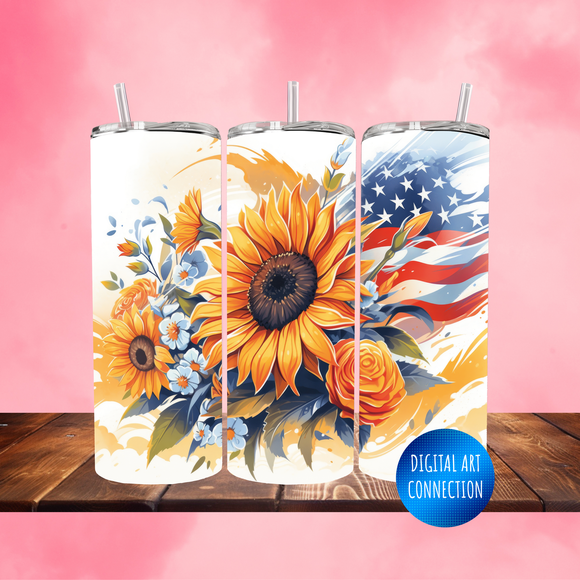 American Flag and Sunflowers II 20 Oz Skinny Tumbler Wrap