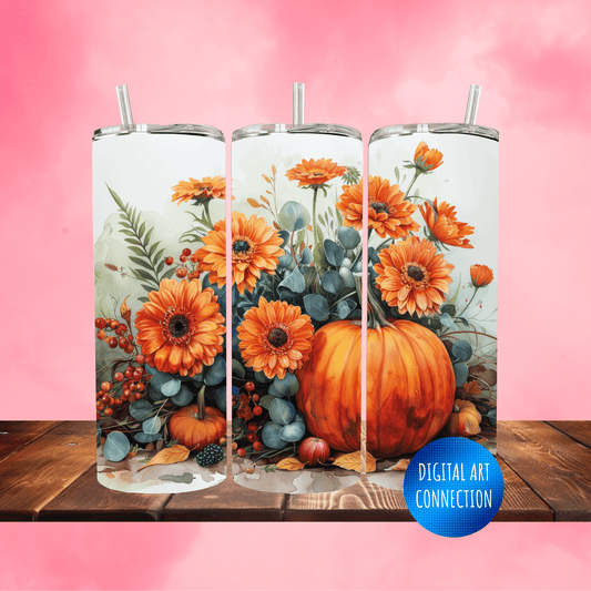 Fall Pumpkin and Flowers 20 Oz Skinny Tumbler Wrap