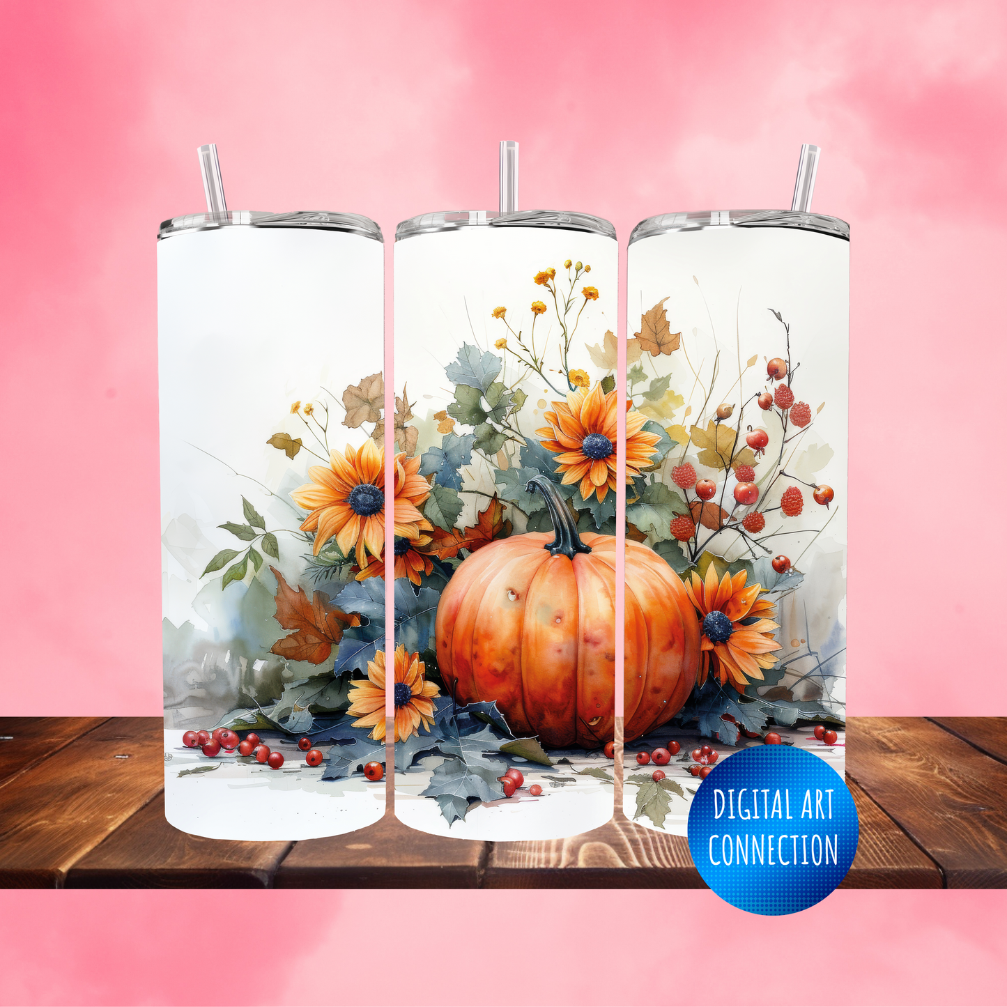 Fall Pumpkin and Flowers 20 Oz Skinny Tumbler Wrap