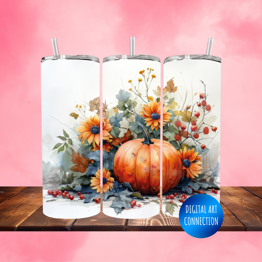 Fall Pumpkin and Flowers 20 Oz Skinny Tumbler Wrap