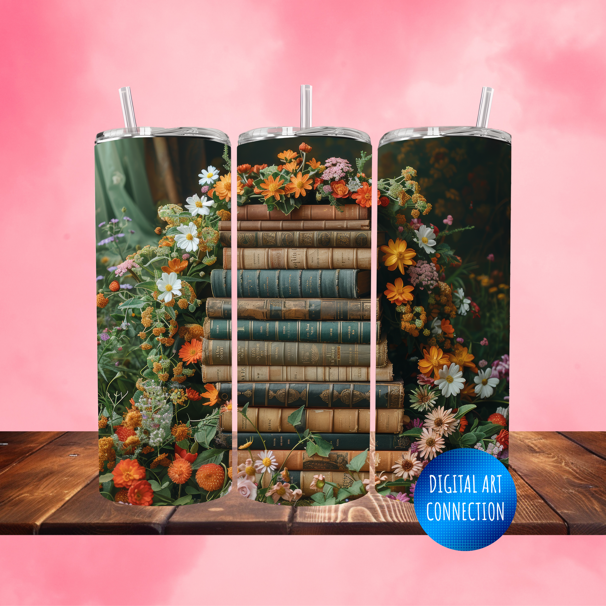 Books and Flowers Tower 20 Oz Skinny Tumbler Wrap