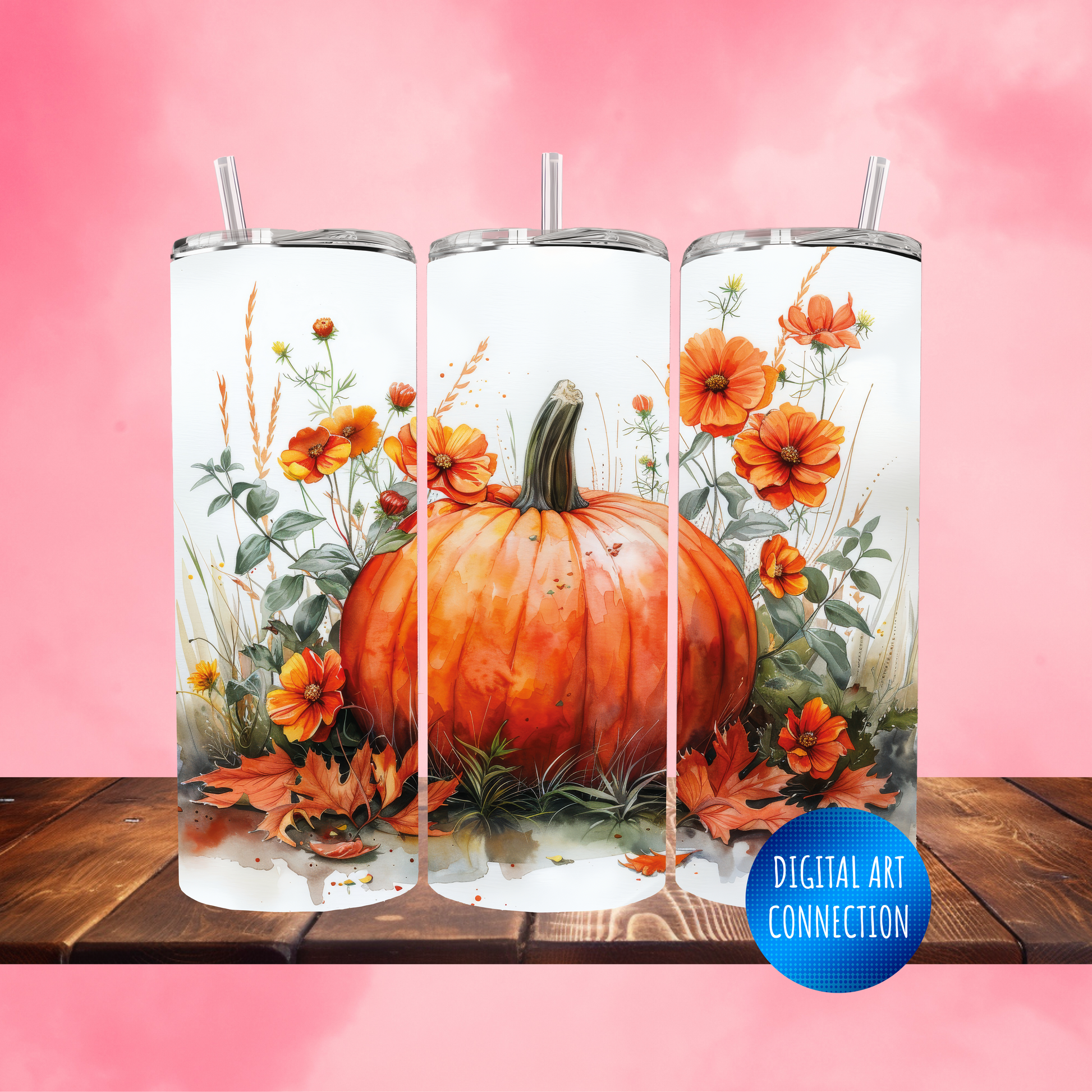 Fall Pumpkin and Flowers II 20 Oz Skinny Tumbler Wrap