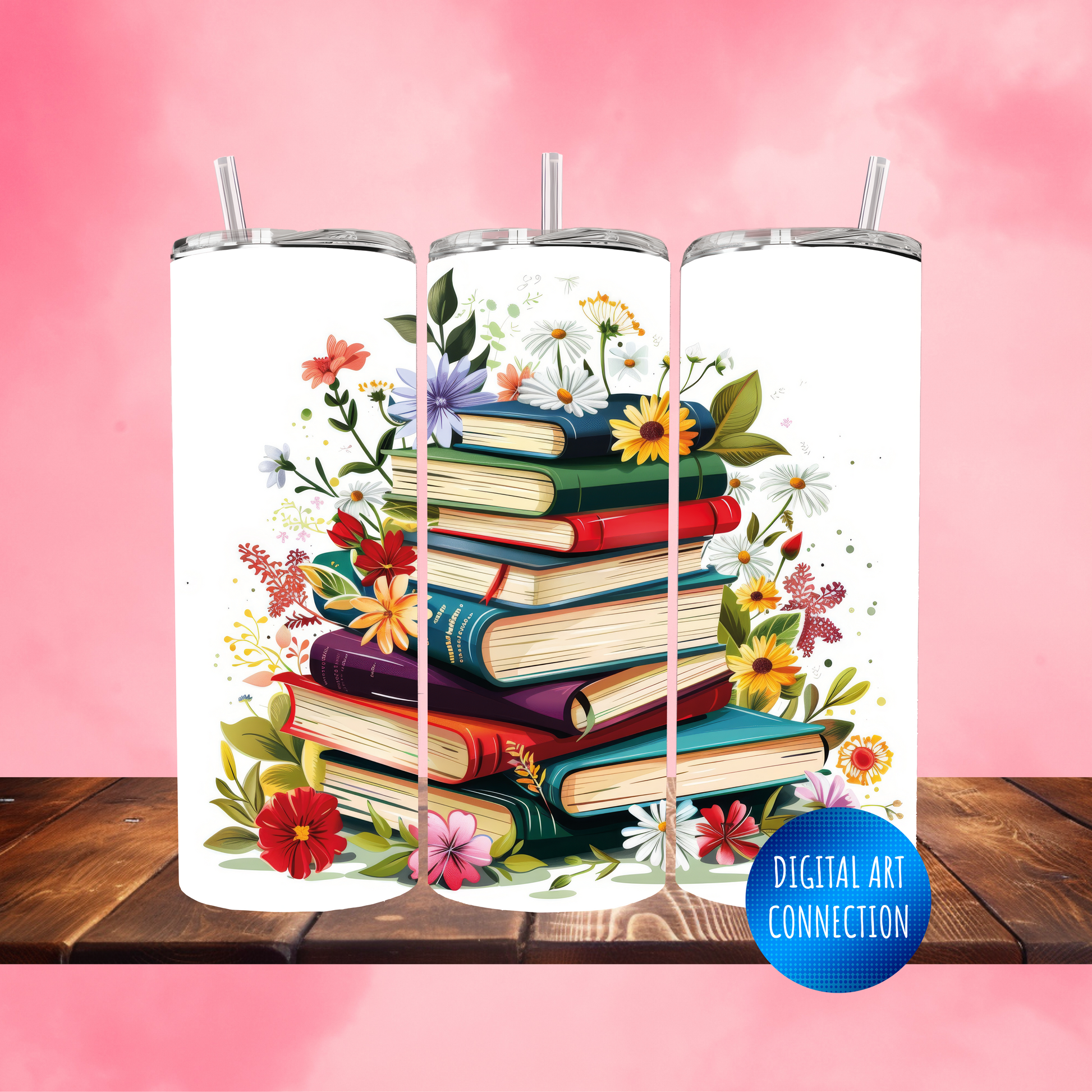 Books and Flowers Stack 20 Oz Skinny Tumbler Wrap