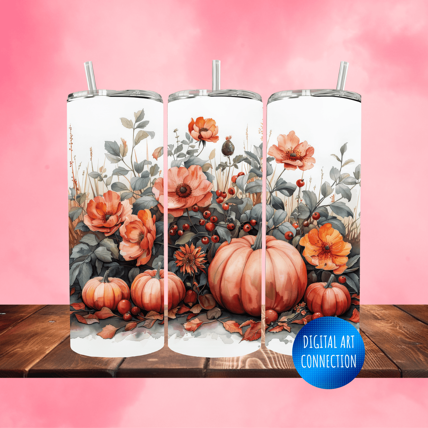 Fall Pumpkin and Flowers II 20 Oz Skinny Tumbler Wrap