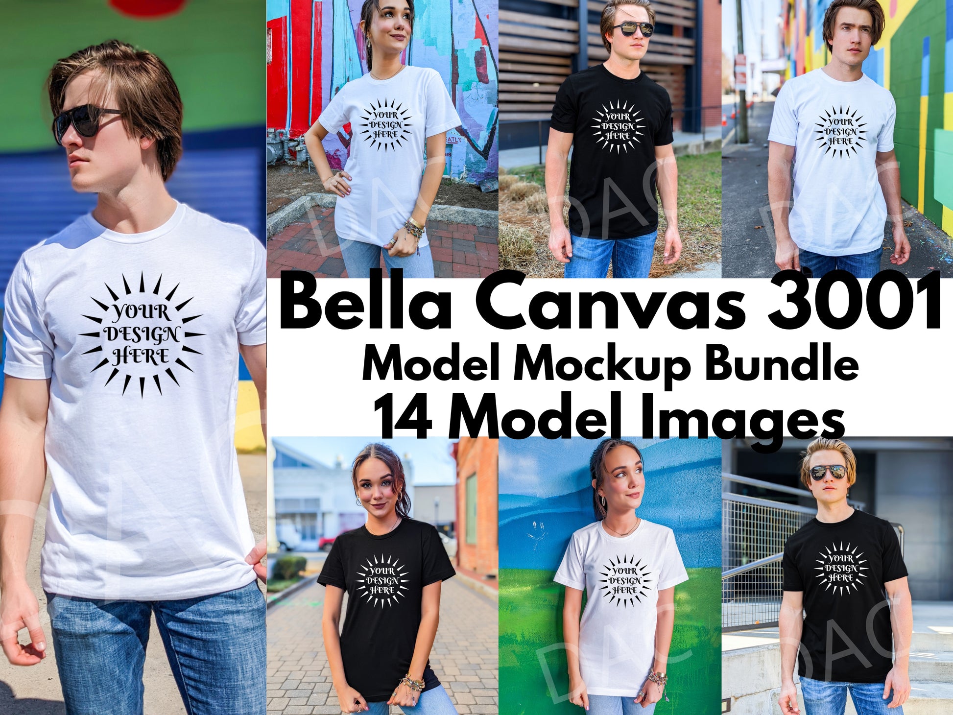 Bella Canvas 3001 Black and White Unisex T-Shirts Female and Male Model Mockup Bundle