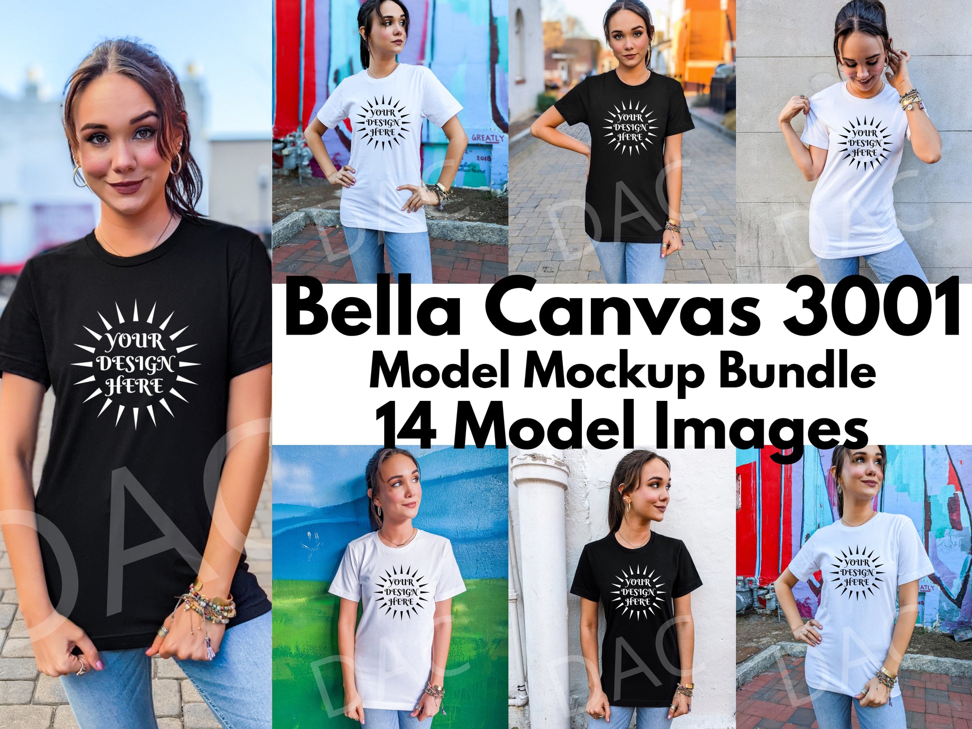 Bella Canvas 3001 Black and White Unisex T-Shirts Female Model Mockup Bundle