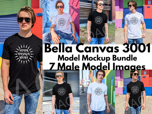 Bella Canvas 3001 Black and White Unisex T-Shirts Male Model Mockup Bundle