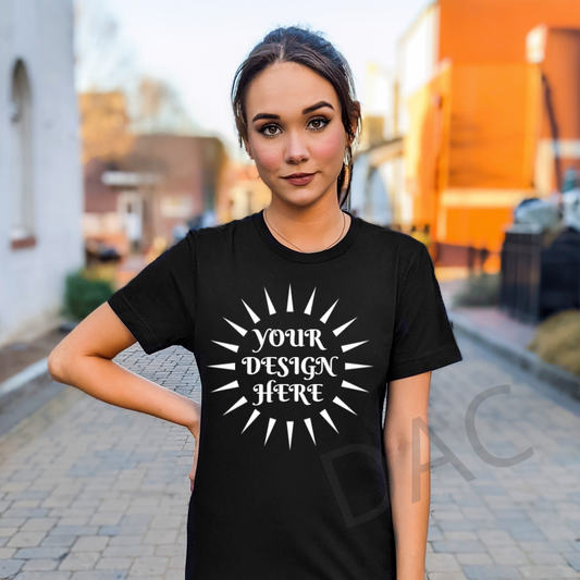 Bella Canvas 3001 Black Unisex T-Shirt Female Model Mockup