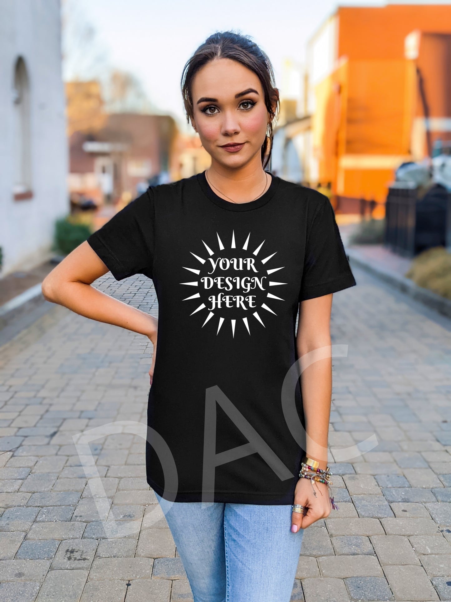 Bella Canvas 3001 Black Unisex T-Shirt Female Model Mockup