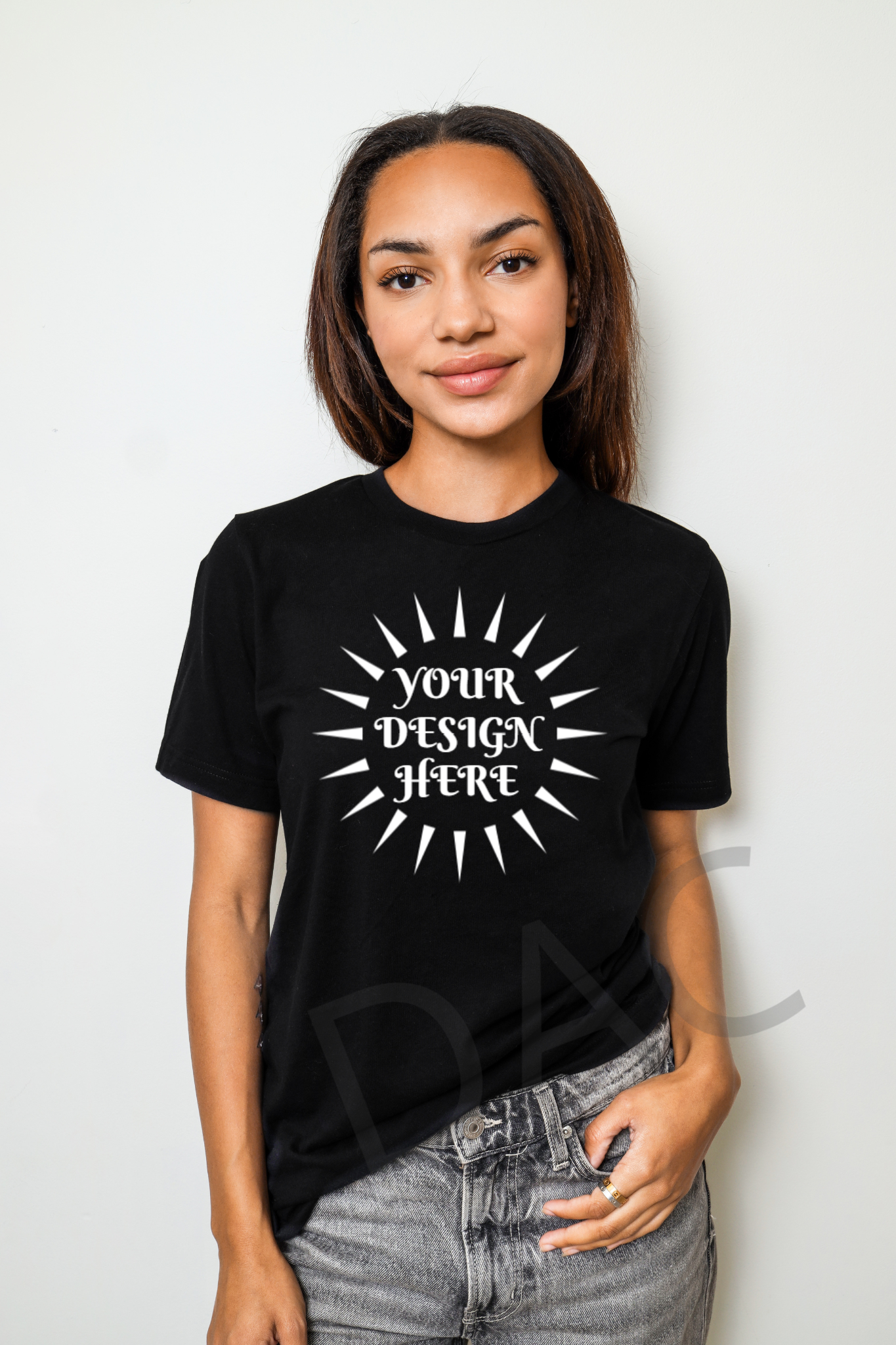 Bella Canvas 3001 Black Unisex T-Shirt Female Model Mockup