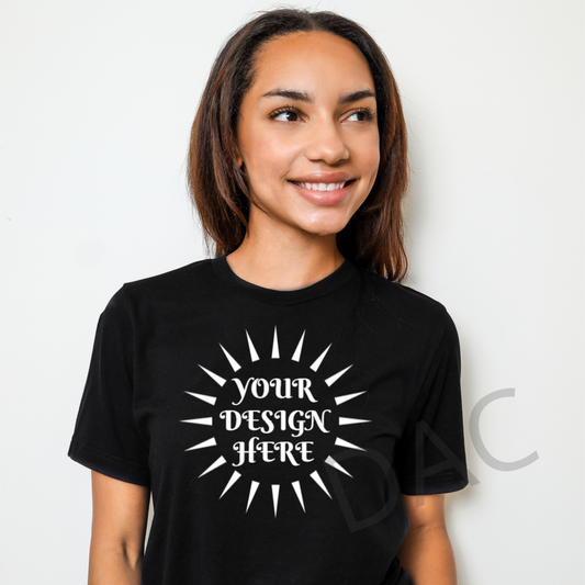 Bella Canvas 3001 Black Unisex T-Shirt Female Model Mockup