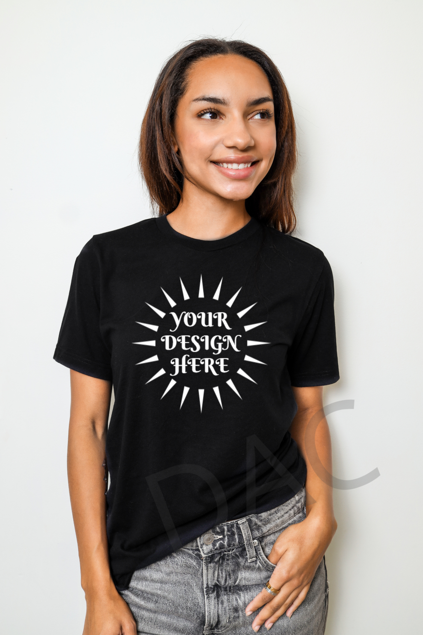 Bella Canvas 3001 Black Unisex T-Shirt Female Model Mockup