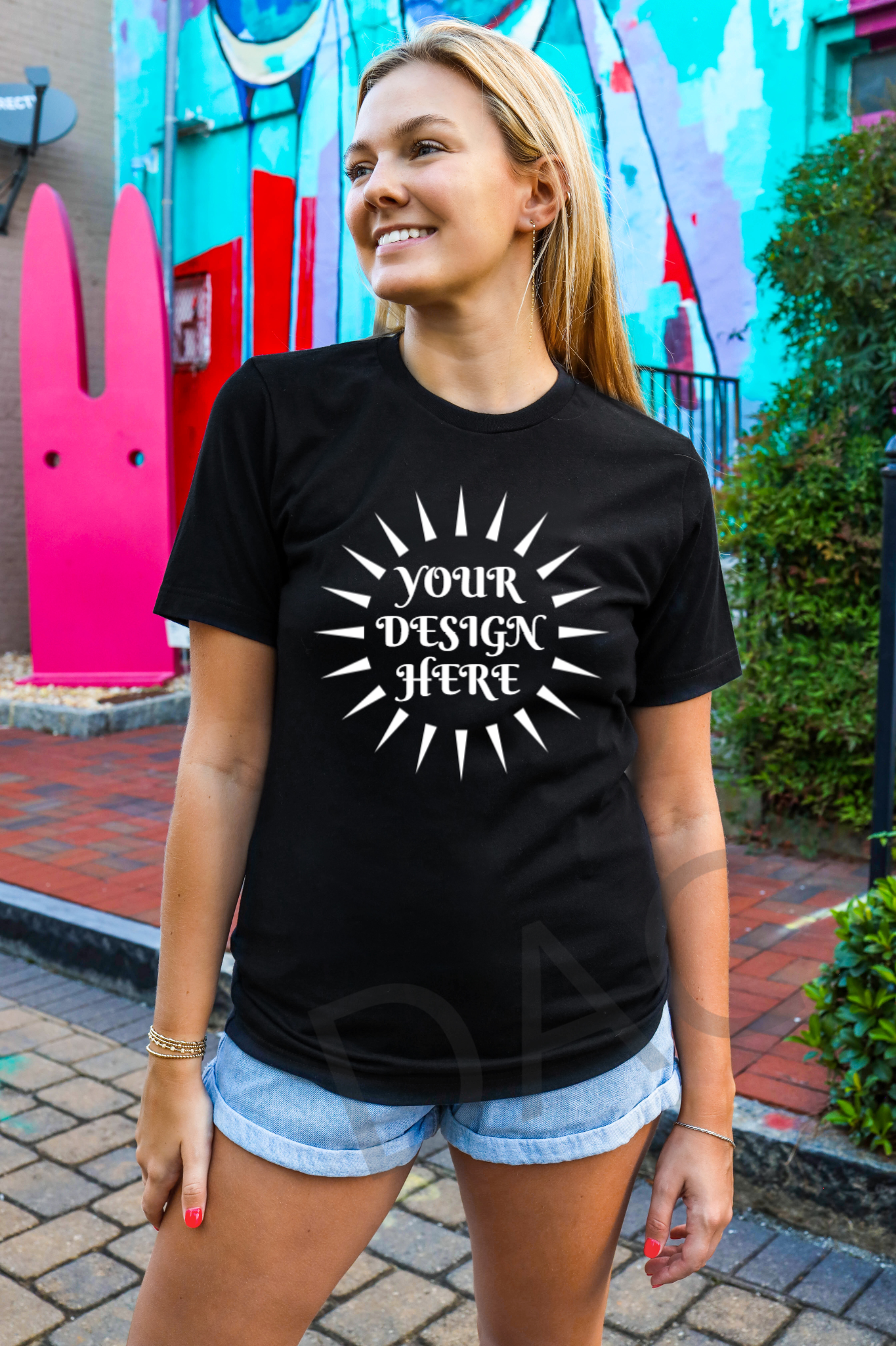 Bella Canvas 3001 Black Unisex T-Shirt Female Model Mockup