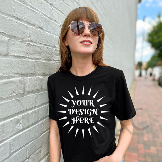 Bella Canvas 3001 Black Unisex T-Shirt Female Model Mockup