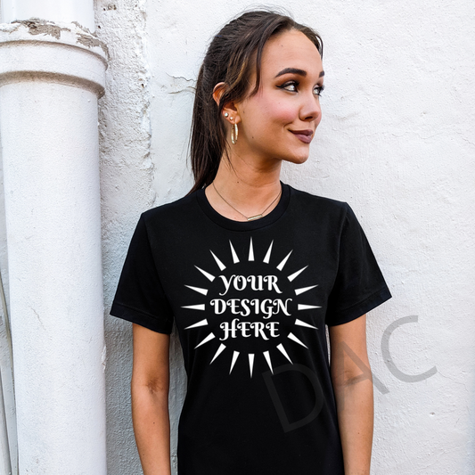 Bella Canvas 3001 Black Unisex T-Shirt Female Model Mockup