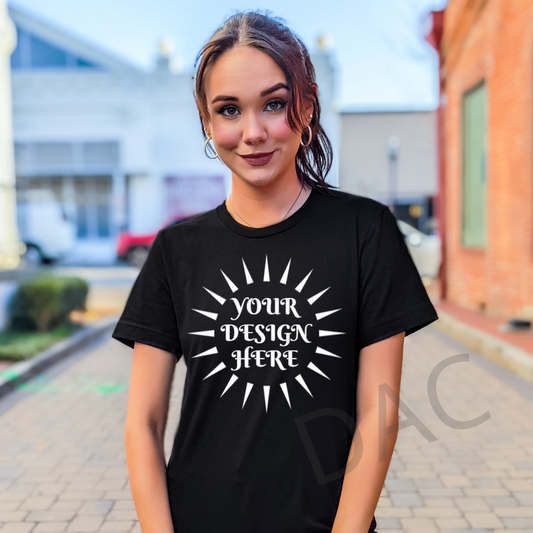 Bella Canvas 3001 Black Unisex T-Shirt Female Model Mockup