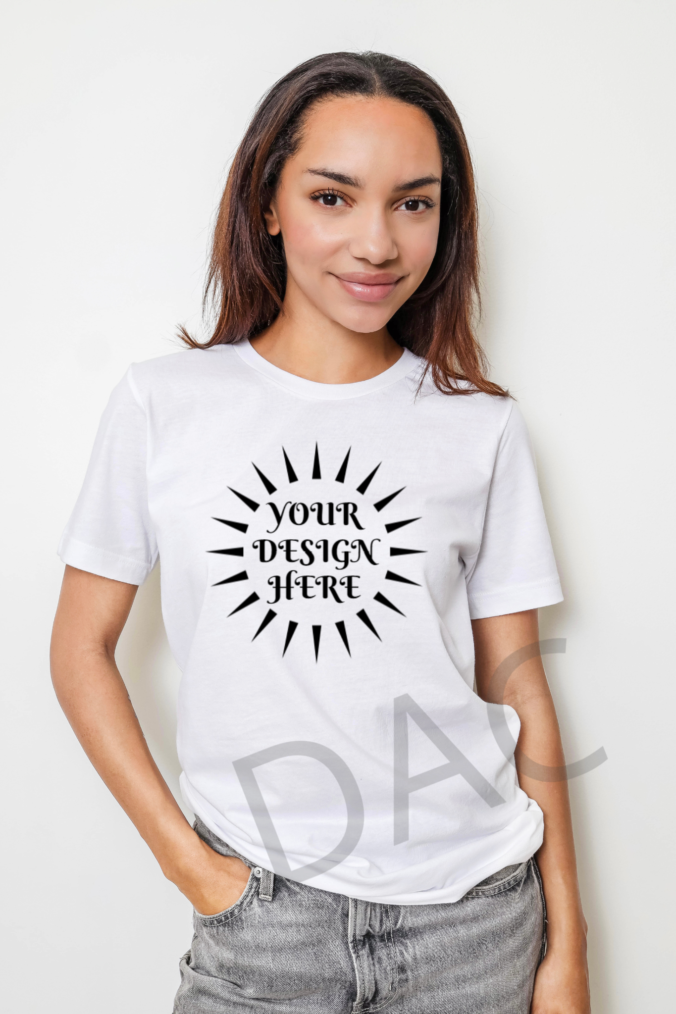 Bella Canvas 3001 White Unisex T-Shirt Female Model Mockup