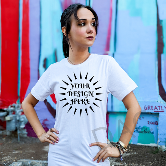 Bella Canvas 3001 White Unisex T-Shirt Female Model Mockup