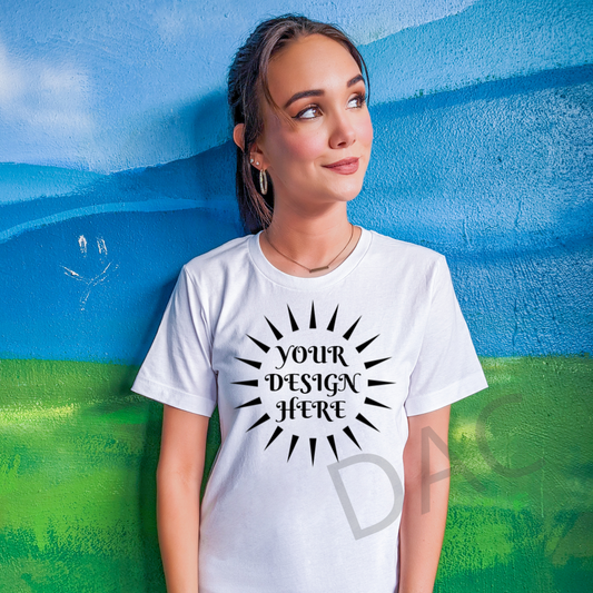 Bella Canvas 3001 White Unisex T-Shirt Female Model Mockup