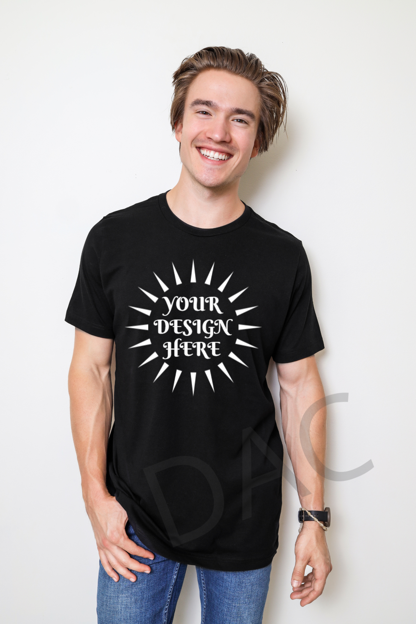 Bella Canvas 3001 Black Unisex T-Shirt Male Model Mockup