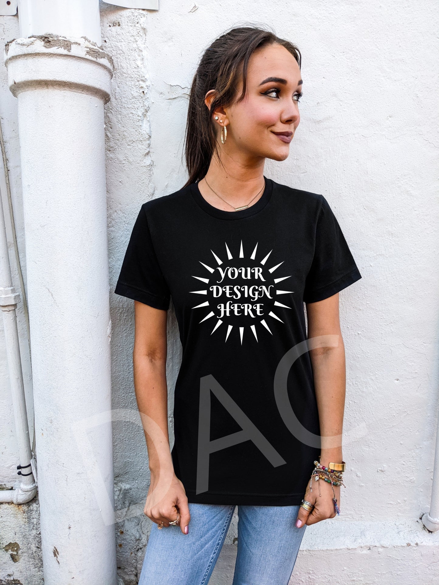 Bella Canvas 3001 Black Unisex T-Shirt Female Model Mockup