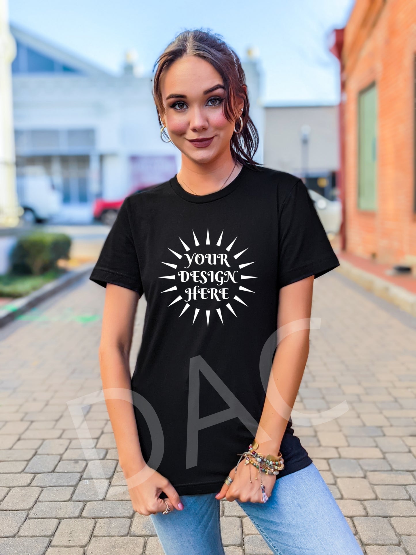 Bella Canvas 3001 Black Unisex T-Shirt Female Model Mockup