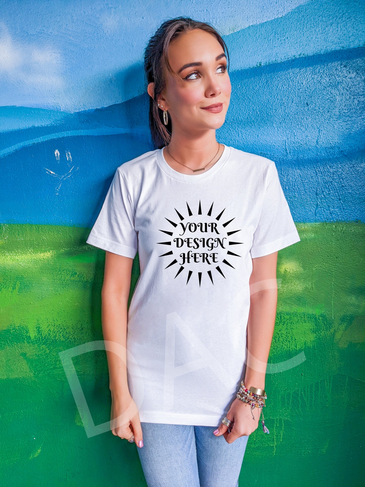 Bella Canvas 3001 White Unisex T-Shirt Female Model Mockup