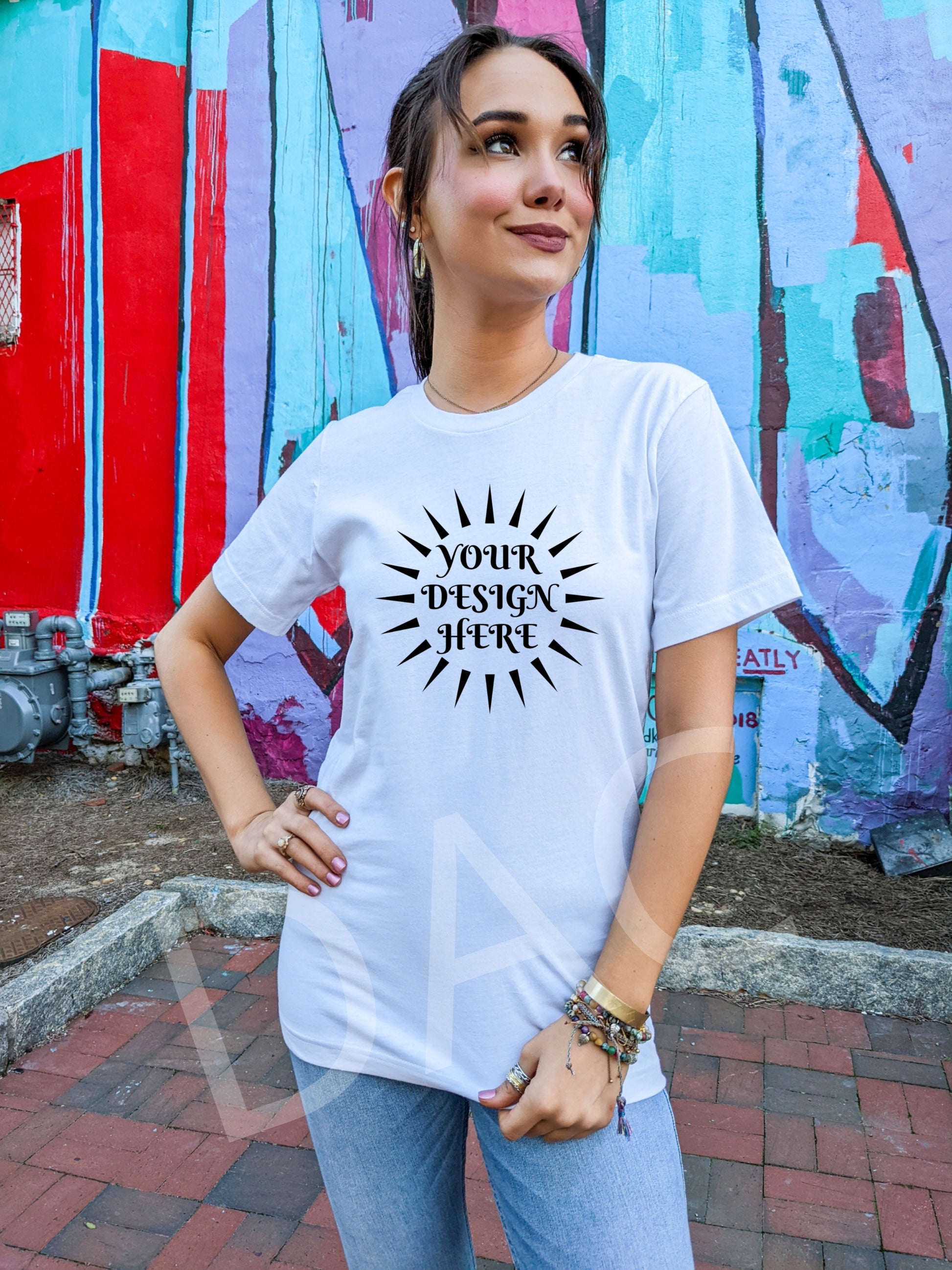 Bella Canvas 3001 White Unisex T-Shirt Female Model Mockup