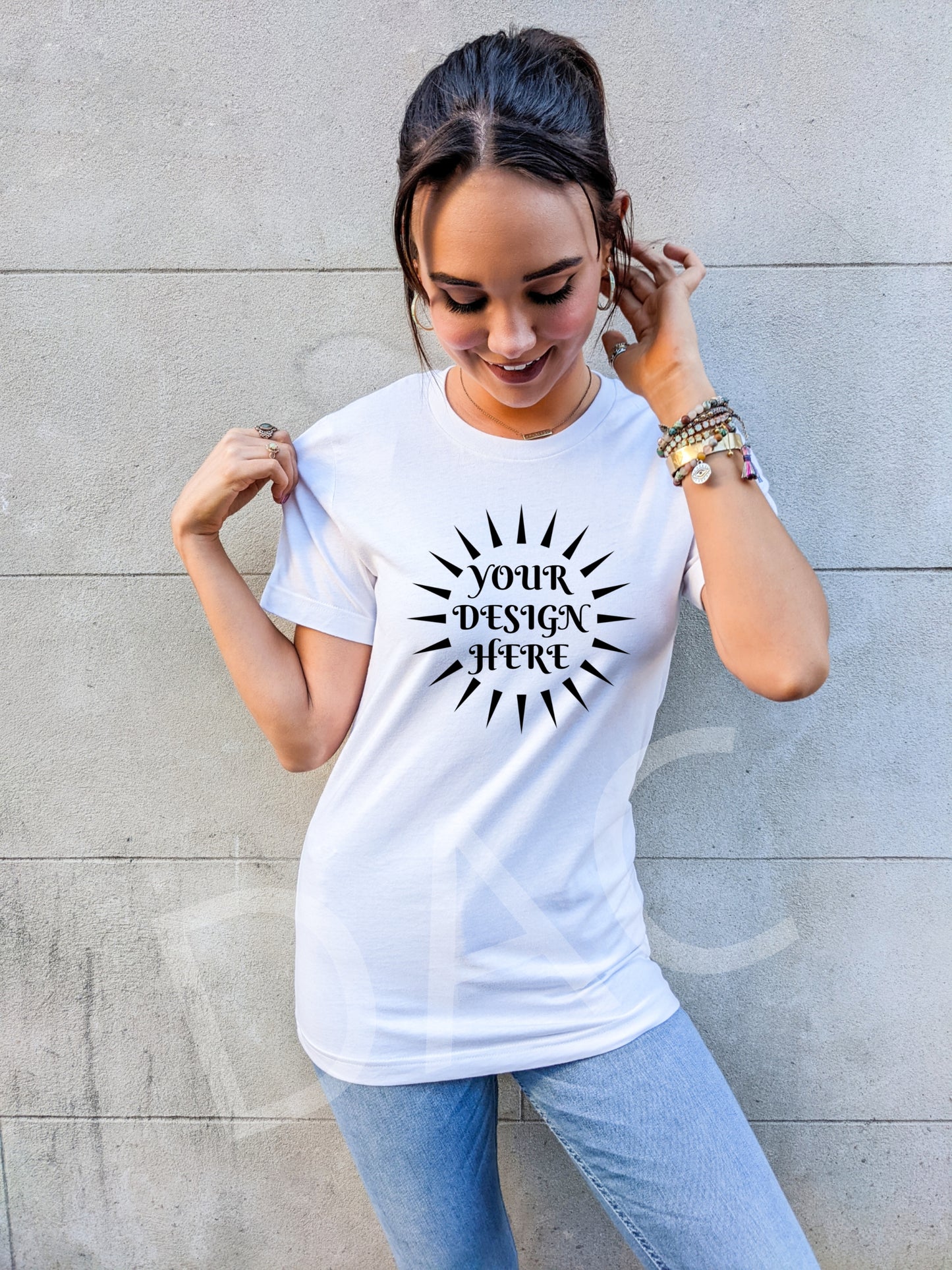 Bella Canvas 3001 White Unisex T-Shirt Female Model Mockup