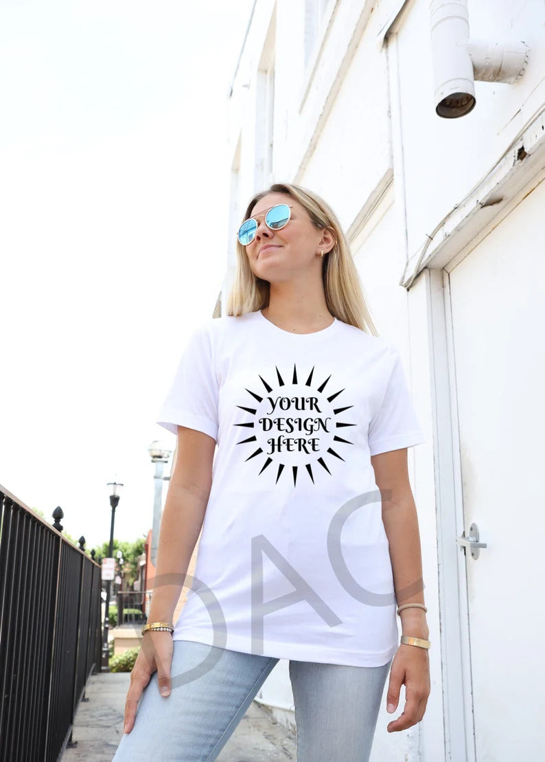 Bella Canvas 3001 White Unisex T-Shirt Female Model Mockup