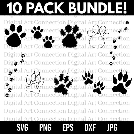 10 Pack Dog and Cat Paw SVG Bundle